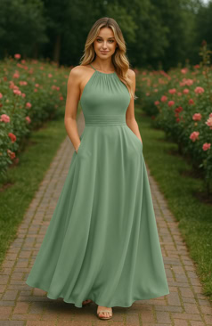 Elegantes Trauzeuginnenkleid FM52300 in zartem Salbeigrün mit schmalen Trägern, fließendem Chiffonrock und verspieltem Rückendetail – perfekt für Hochzeiten und festliche Anlässe, erhältlich bei FM Braut- und Abendmode in Sandkrug bei Oldenburg.