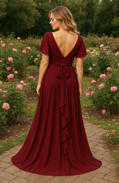 Fließendes Abendkleid FM52299 in elegantem Stahlblau mit V-Ausschnitt, kurzen Ärmeln und locker fallendem Chiffonrock in A-Linie – perfekt für festliche Anlässe, erhältlich bei FM Braut- und Abendmode in Sandkrug bei Oldenburg.