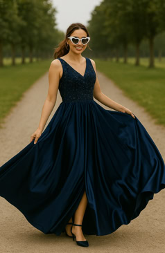 Elegantes Abendkleid FM52281 in edlem Navyblau mit glitzerndem Paillettentop, V-Ausschnitt und fließendem Satinrock in A-Linie – erhältlich bei FM Braut- und Abendmode in Sandkrug bei Oldenburg.