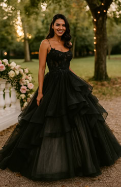Ausdrucksstarkes A-Linien Brautkleid in Schwarz mit Spitze und eleganter Schleppe – modernes Designerbrautkleid – FM Braut- und Abendmode Sandkrug bei Oldenburg.