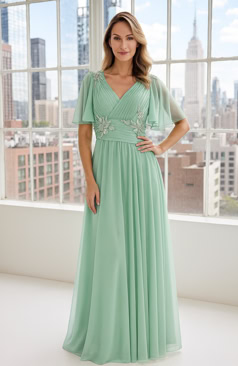 Elegantes Abendkleid FM52283 in zartem Salbeigrün aus fließendem Chiffon mit V-Ausschnitt, zarten Flügelärmeln und floralen Stickereien – erhältlich bei FM Braut- und Abendmode in Sandkrug bei Oldenburg.