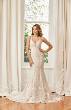 Ein modernes exklusives Fit-and-Flare Hochzeitskleid aus Allover-Spitze. Die Robe verfügt über Spitzenträger, einen wundervollen V- Ausschnitt und wird vervollständigt durch einen faszinierenden „überkreuzen“ Rückenausschnitt. Der Rückenausschnitt und das Kleid werden mit einer Knopfleiste geschlossen. Zudem besitzt das Fit-and-Flair Kleid eine atemberaubende Schleppe aus Spitze mit einem Spitzenabschluss. Romantisch schön!