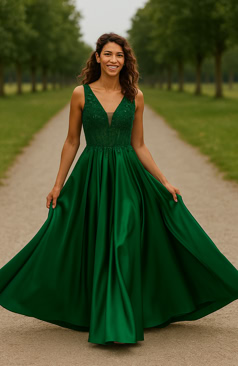 Elegantes Abendkleid FM52281 in edlem Navyblau mit glitzerndem Paillettentop, V-Ausschnitt und fließendem Satinrock in A-Linie – erhältlich bei FM Braut- und Abendmode in Sandkrug bei Oldenburg.