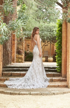 Ein modernes exklusives Fit-and-Flare Hochzeitskleid aus Allover-Spitze. Die Robe verfügt über Spitzenträger, einen wundervollen V- Ausschnitt und wird vervollständigt durch einen faszinierenden „überkreuzen“ Rückenausschnitt. Der Rückenausschnitt und das Kleid werden mit einer Knopfleiste geschlossen. Zudem besitzt das Fit-and-Flair Kleid eine atemberaubende Schleppe aus Spitze mit einem Spitzenabschluss. Romantisch schön!