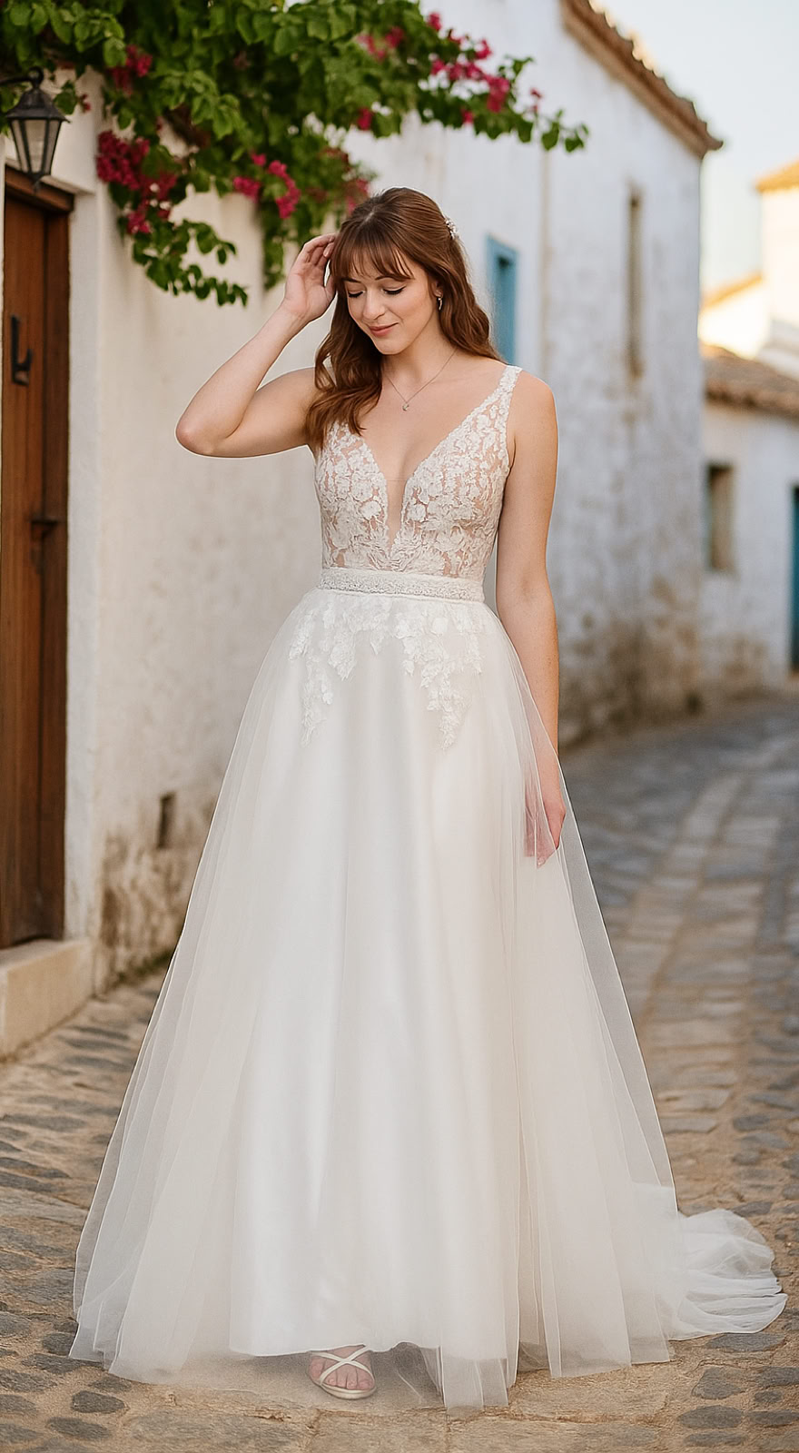 52277 A-Linie Brautkleid mit Spitzenoberteil & Tüllrock   