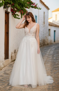52277 A-Linie Brautkleid mit Spitzenoberteil & Tüllrock   