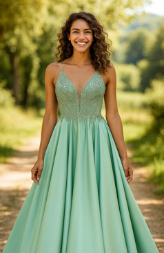 Traumhaftes Abendkleid FM52280 in zartem Salbeigrün mit funkelndem Glitzertop, V-Ausschnitt und weiter A-Linie – elegant und modern, erhältlich bei FM Braut- und Abendmode in Sandkrug bei Oldenburg.