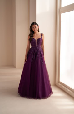 Langes Abendkleid FM52310 in dunklem Pflaumenton mit Glitzertüll und Spitzenapplikationen – erhältlich bei FM Braut- und Abendmode in Sandkrug bei Oldenburg.