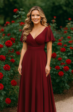 Fließendes Abendkleid FM52299 in elegantem Stahlblau mit V-Ausschnitt, kurzen Ärmeln und locker fallendem Chiffonrock in A-Linie – perfekt für festliche Anlässe, erhältlich bei FM Braut- und Abendmode in Sandkrug bei Oldenburg.