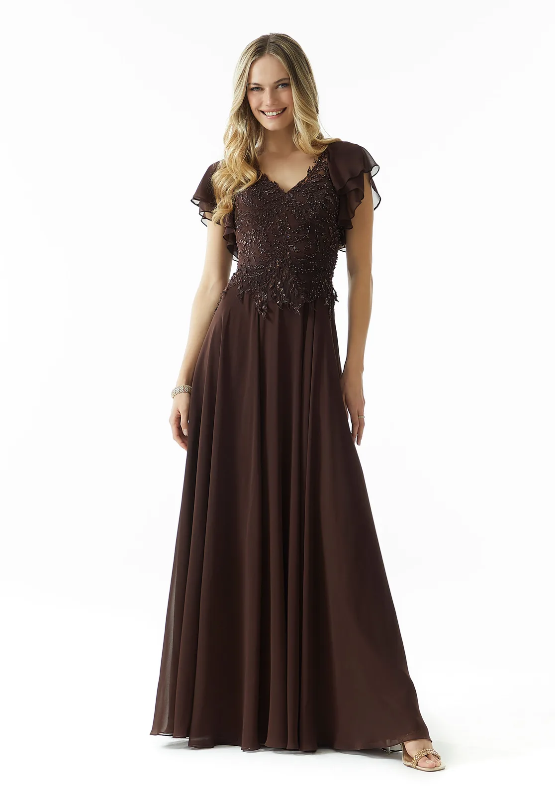 Tannengrün Chiffon V Ausschnitt Perlenstickerei – Abendmode Brautkleid bei FM Braut- und Abendmode in Sandkrug bei Oldenburg